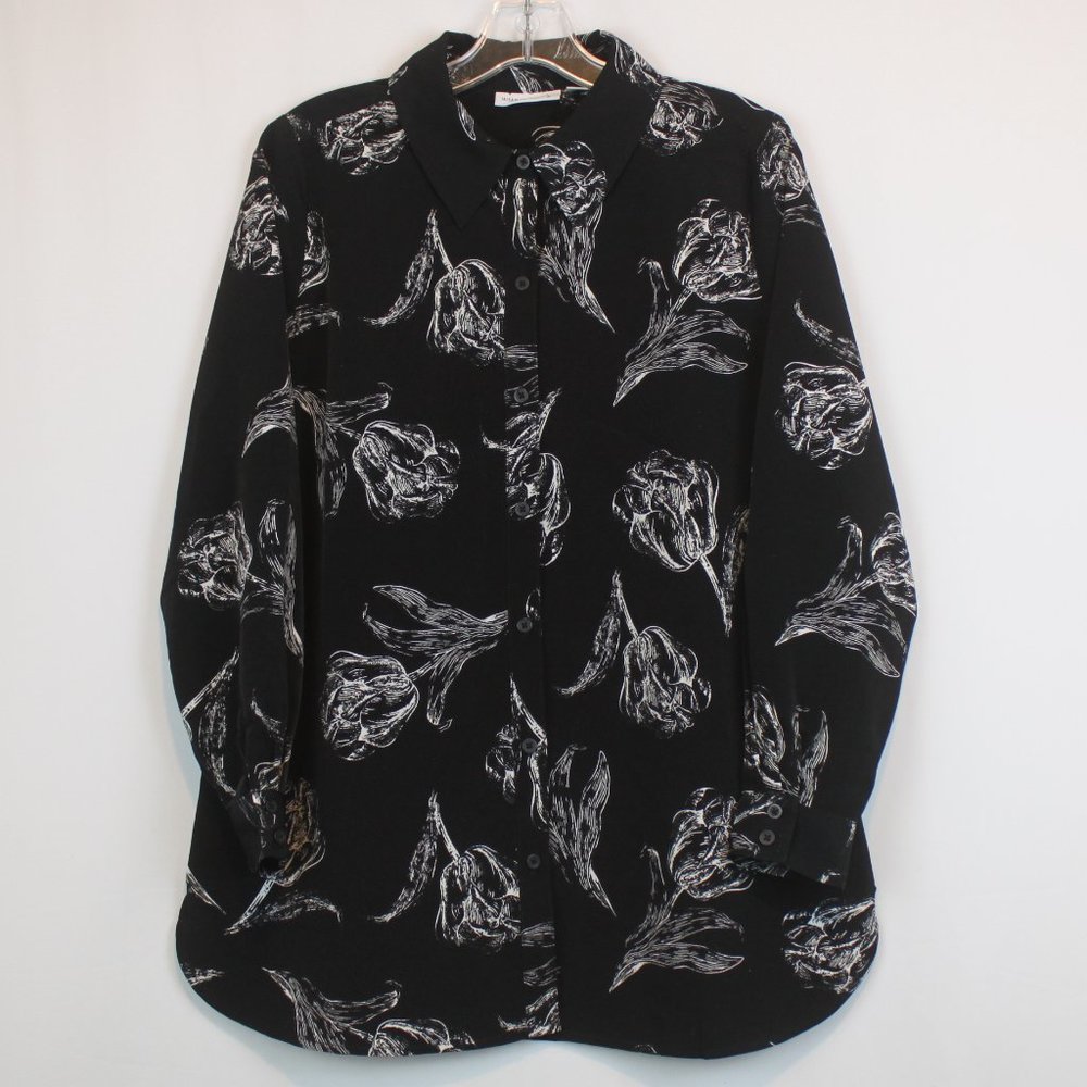 Susan Graver Size 6 Black Long Sleeve White Floral Button Up Blouse